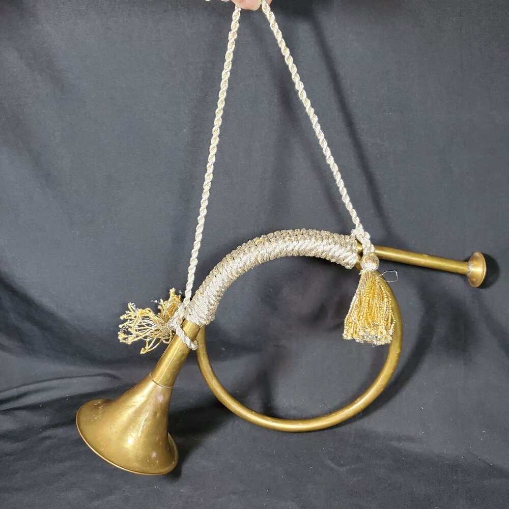 Vintage Brass Bugle Horn with Gold Rope Tassels Decorative Wall Hanging